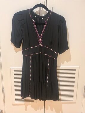 BA@SH Black  Short Sleeve V-Neck Dress with trim.